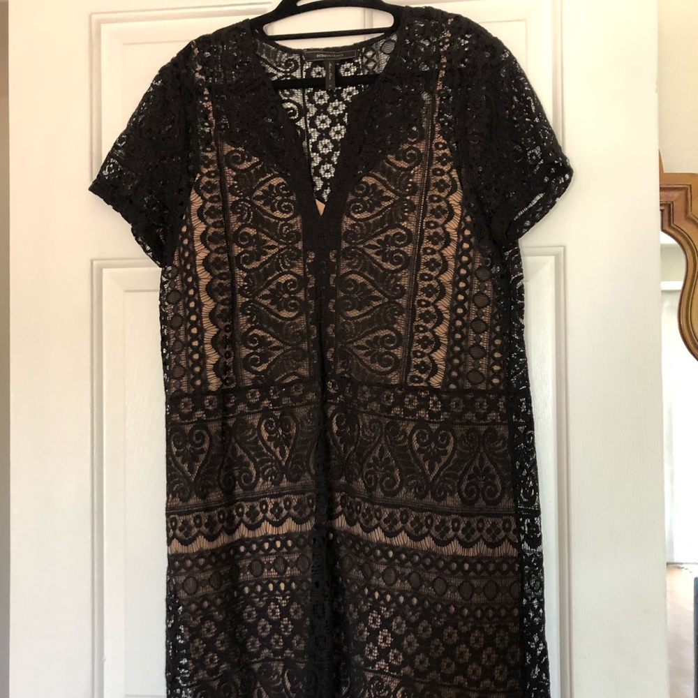 BCBG Max Azria black lace dress with tan lining